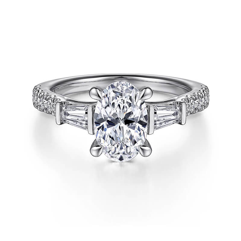 Three Stone Oval Moissanite And Tapered Baguette Pave Engagement Ring