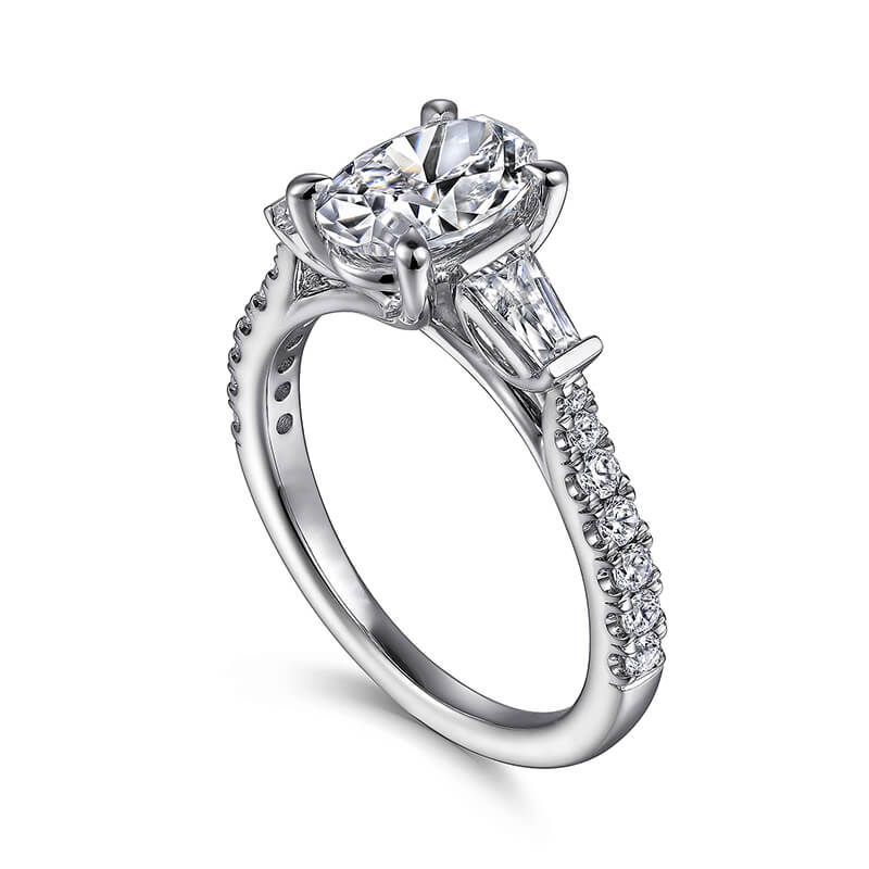 Three Stone Oval Moissanite And Tapered Baguette Pave Engagement Ring