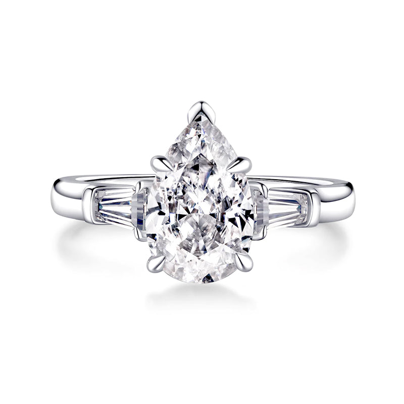 Three Stone Pear Moissanite And Tapered Baguette Engagement Ring