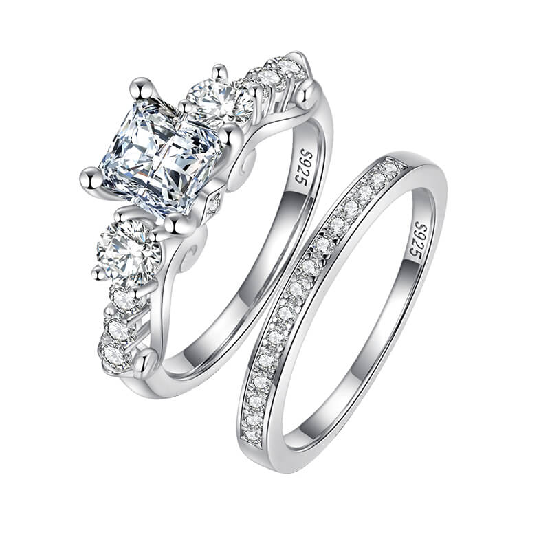 Three Stone Princess Moissanite Accents Bridal Engagement Ring Set