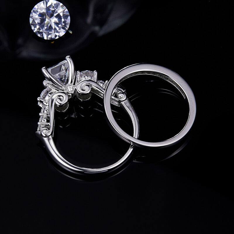 Three Stone Princess Moissanite Accents Bridal Engagement Ring Set