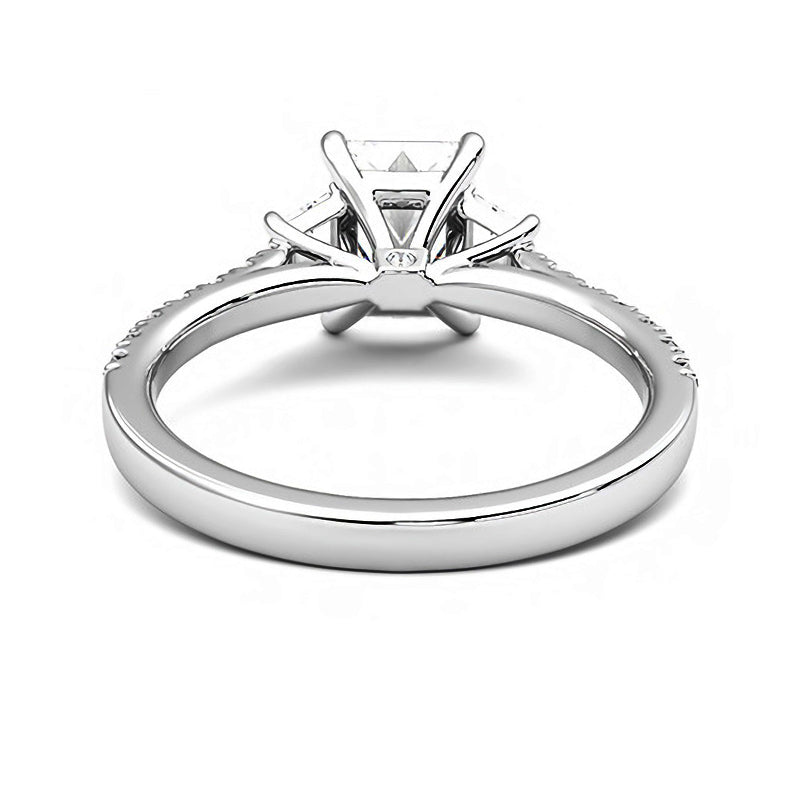 Three Stone Radiant Moissanite And Trapezoid Sidestone Pave Engagement Ring