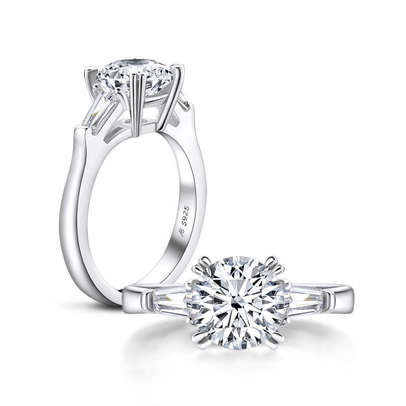 Three Stone Round Moissanite Tapered Baguette Engagement Ring