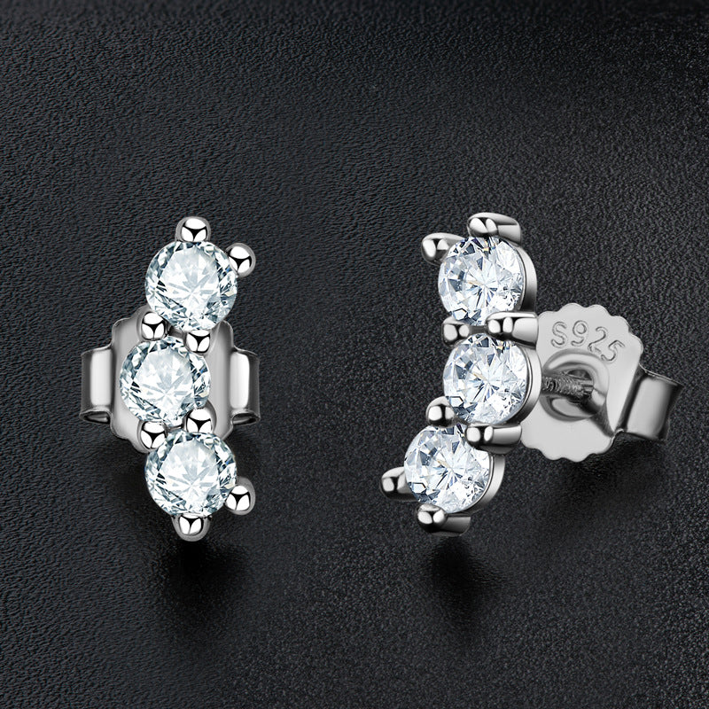 Three Stone Trilogy Moissanite Stud Earrings In Sterling Silver