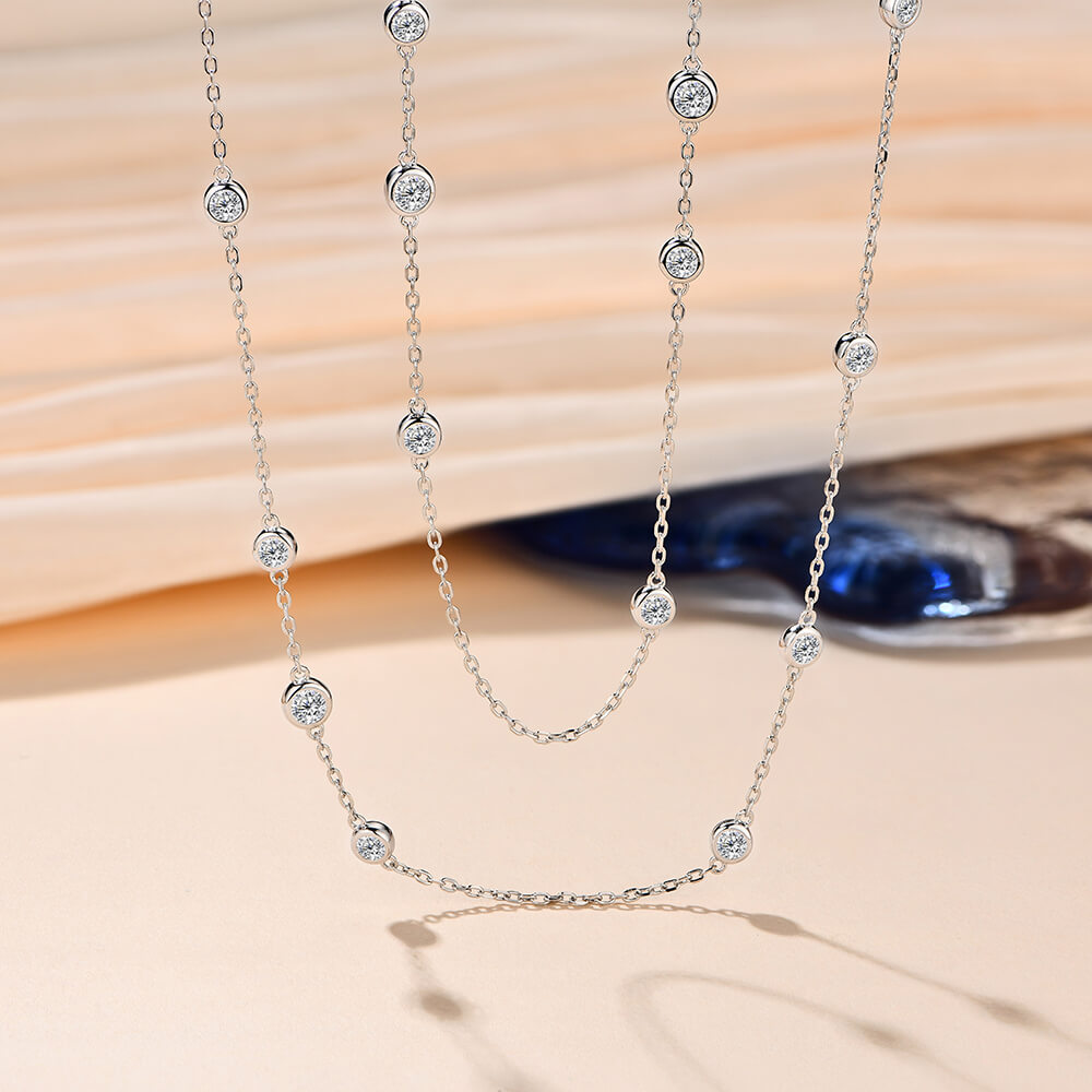 Layered Spaced Bezel Set Round Moissanite Sterling Silver Necklace