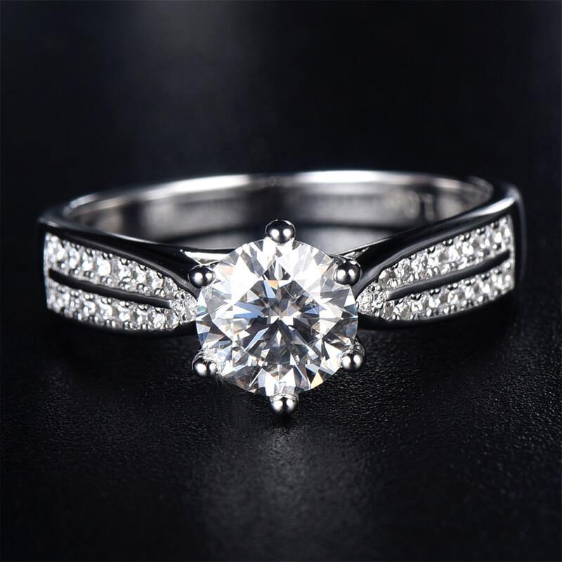 Round Moissanite Six Prong Pave Engagement Ring