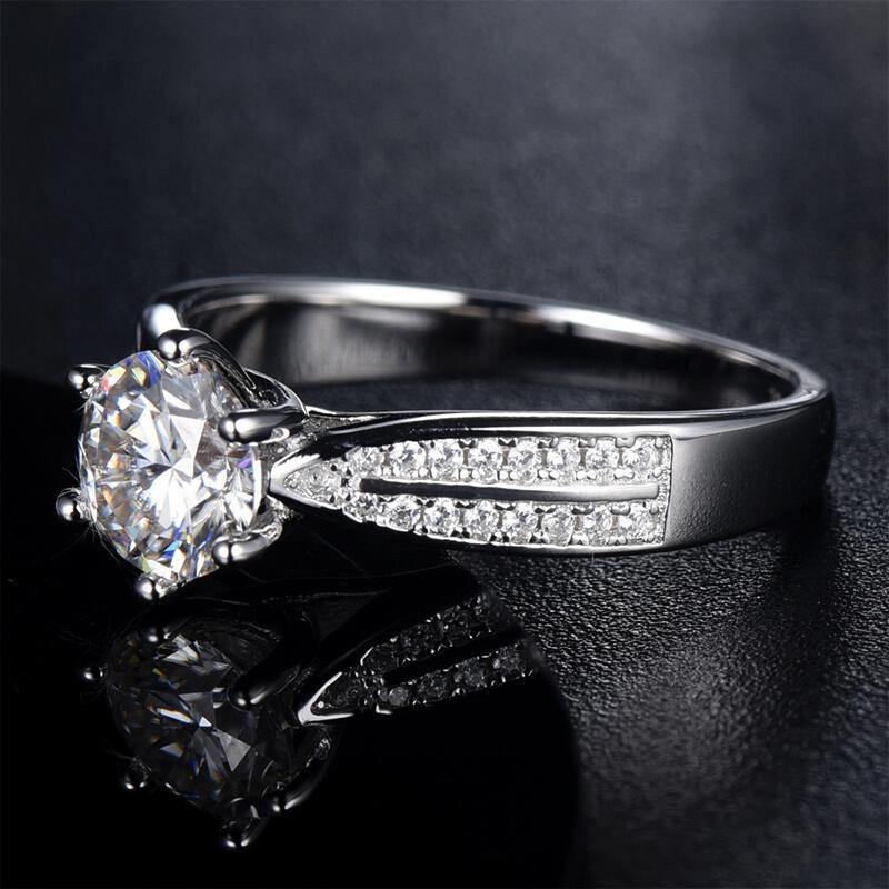 Round Moissanite Six Prong Pave Engagement Ring