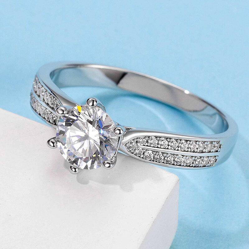 Round Moissanite Six Prong Pave Engagement Ring